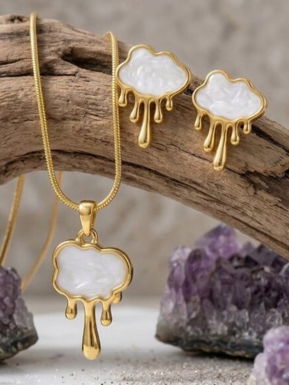 18K Gold Plated SS Surrealist Drip Art Melting Cloud Enamel Necklace Earring Set